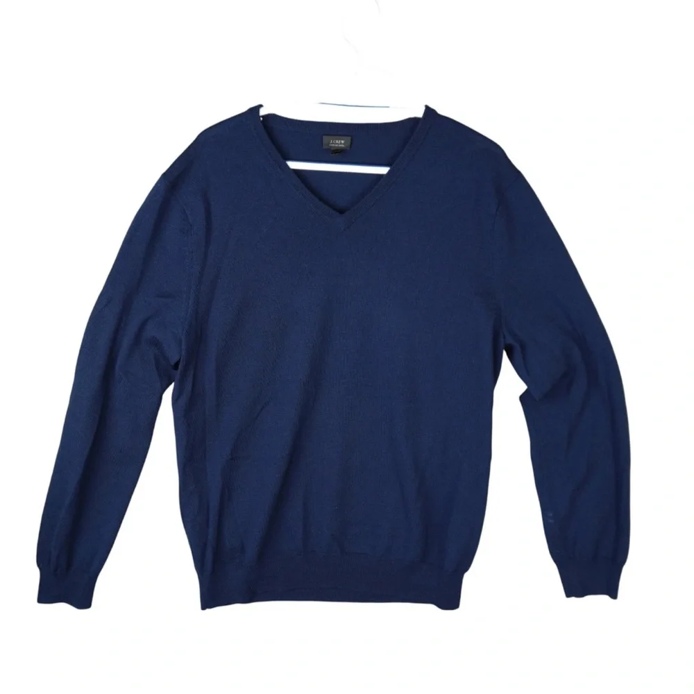 Vintage J Crew V-Neck Sweater 100% Merino Wool Men's Large Navy Blue Sty#93735